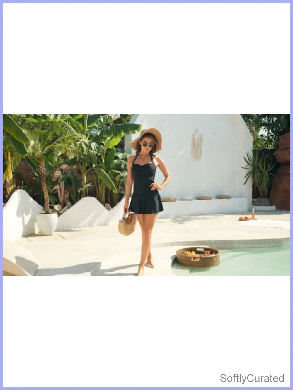 Women One Piece Swimsuit with Skirt Tummy Control Halter Bandeau Retro Twist